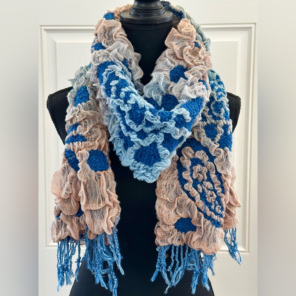 Mixed Media Textural Scarf/Wrap in Blues & Soft Peaches